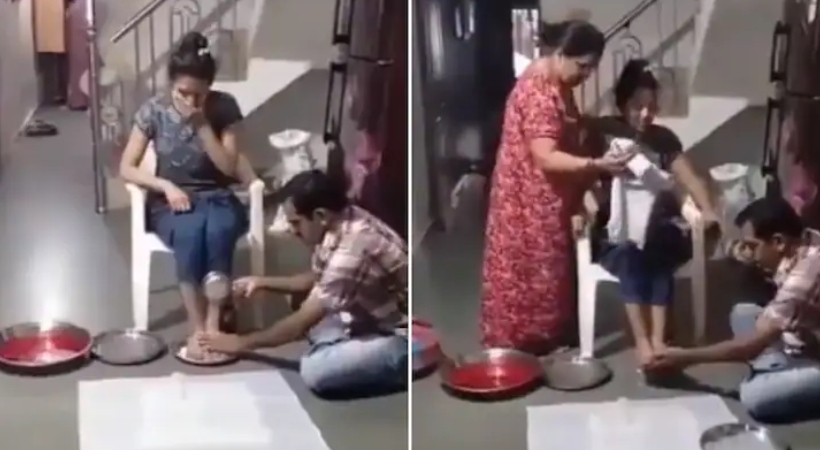 Parents washed her daughter feet with milk